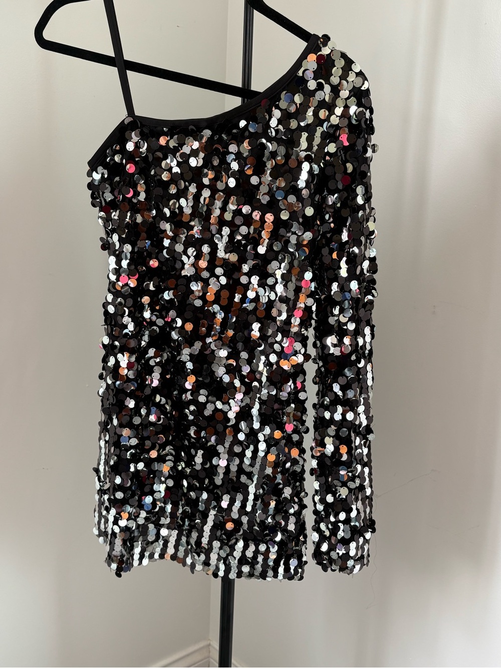 Weissman One Shoulder Black Sequin Dress with Bodysuit Lining